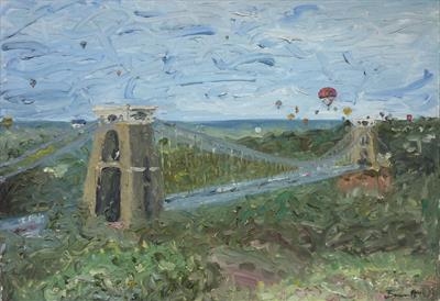 Balloon Fiesta - Clifton Suspension Bridge by James Barrett, Painting, Oil on Board