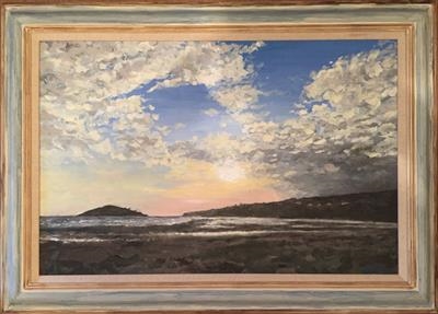 Bantham - Sunset over Bigbury by James Barrett, Painting, Oil on Board
