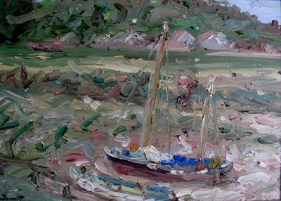 Boats resting at Clevedon by James Barrett, Painting, Oil on Board