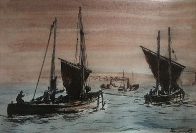 Luggers in the Mist by James Barrett, Painting, Mixed Media on paper
